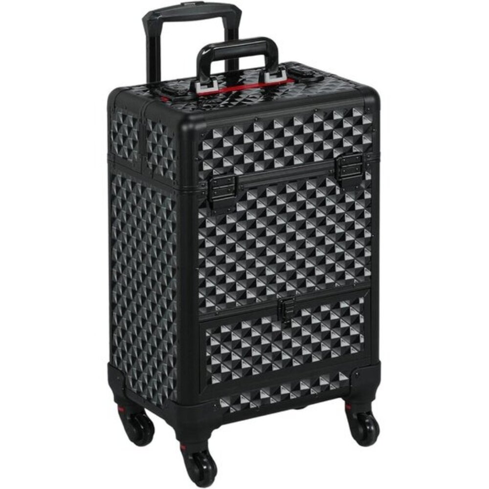 Rolling Aluminum Makeup Case, Lockable Salon Trolley with Drawers - Black/Red